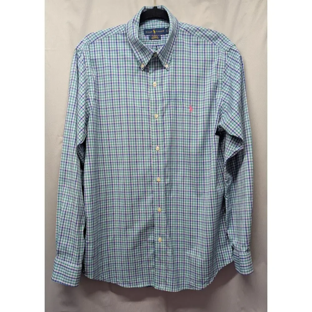Polo Ralph Lauren Plaid Button Down Shirt Mens Medium Classic Fit Green Blue